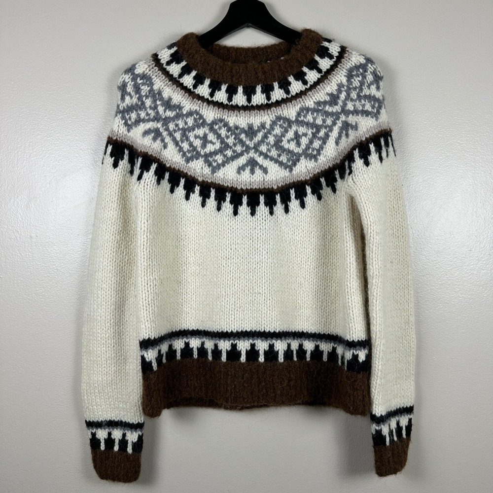 J.Crew Women's Small Sweater Cream Brown Fair Isle Hand Knit Wool Alpaca Cottage